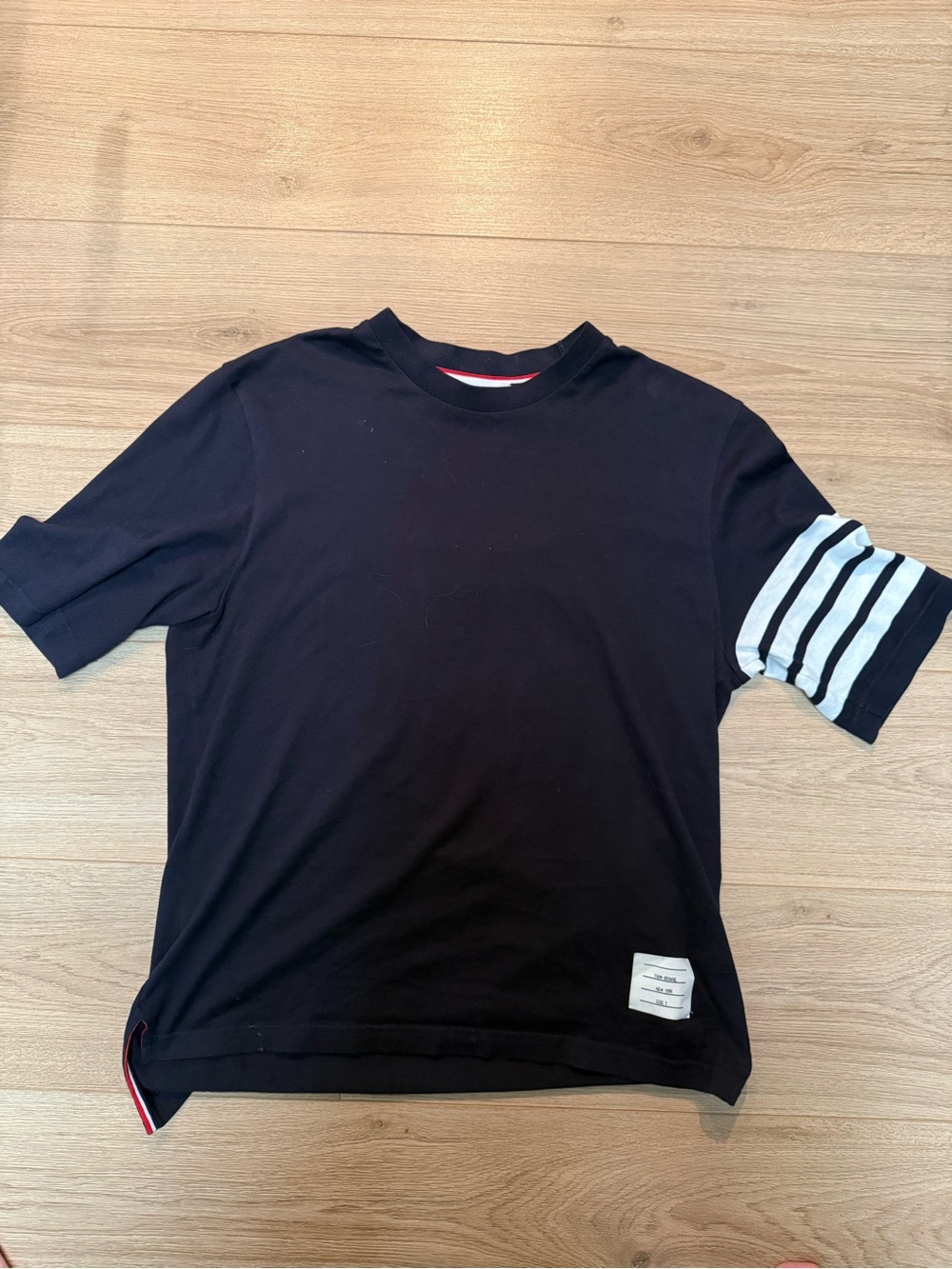 Thom Browne Navy Short-Sleeve Tee with White Striped Sleeve